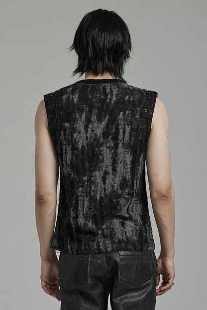 Black/grey Round Collar Sleeveless Print Ripped Distressed Eyelet Gothic Tank Top