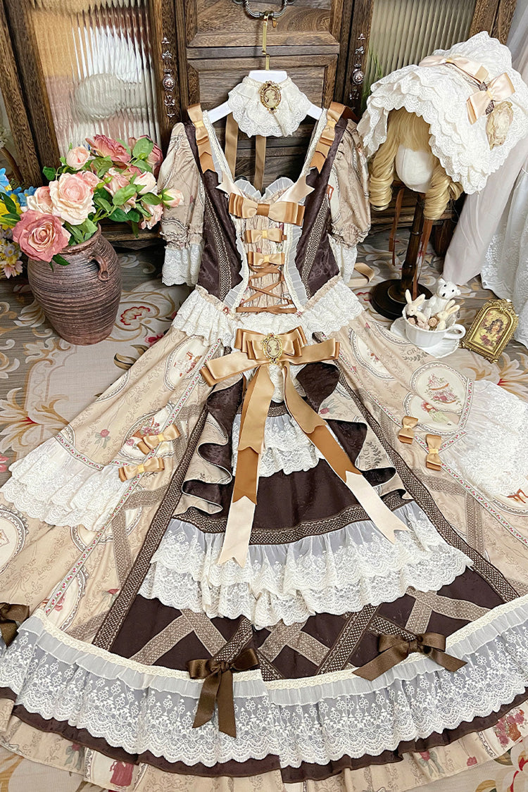 Brown [baker Street Tea Party] Short Sleeves High Waisted Print Ruffle Embroidery Cardigan Bowknot Lace-up Classic Princess Lolita Dress