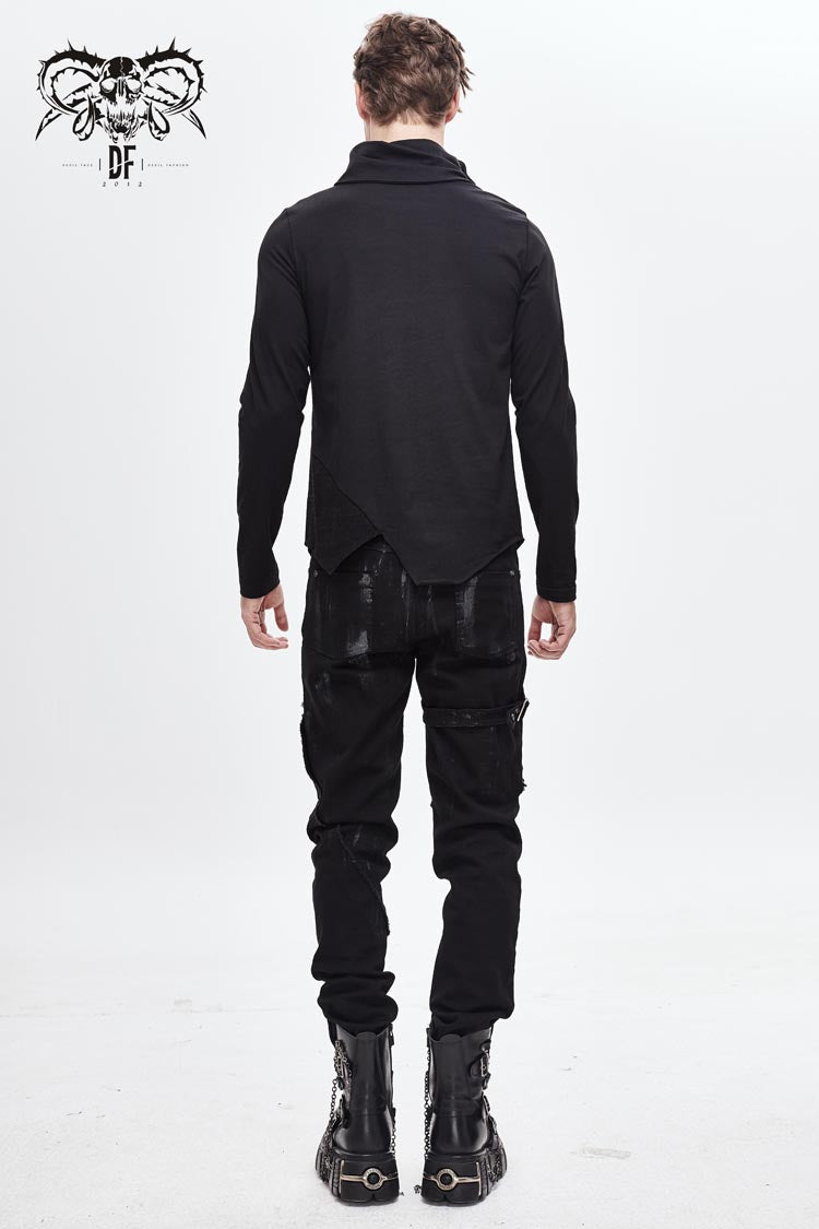 Black Worn Out Cross Shaped Hasp High Collar Asymmetric Hem Punk T-shirt