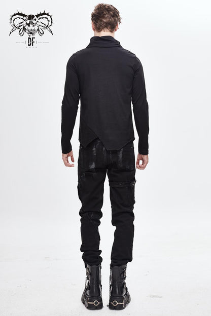 Black Worn Out Cross Shaped Hasp High Collar Asymmetric Hem Punk T-shirt