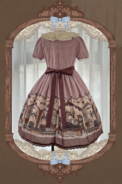 Pink/purple Short Sleeves Bear Print Bowknot Classic Lolita Dress