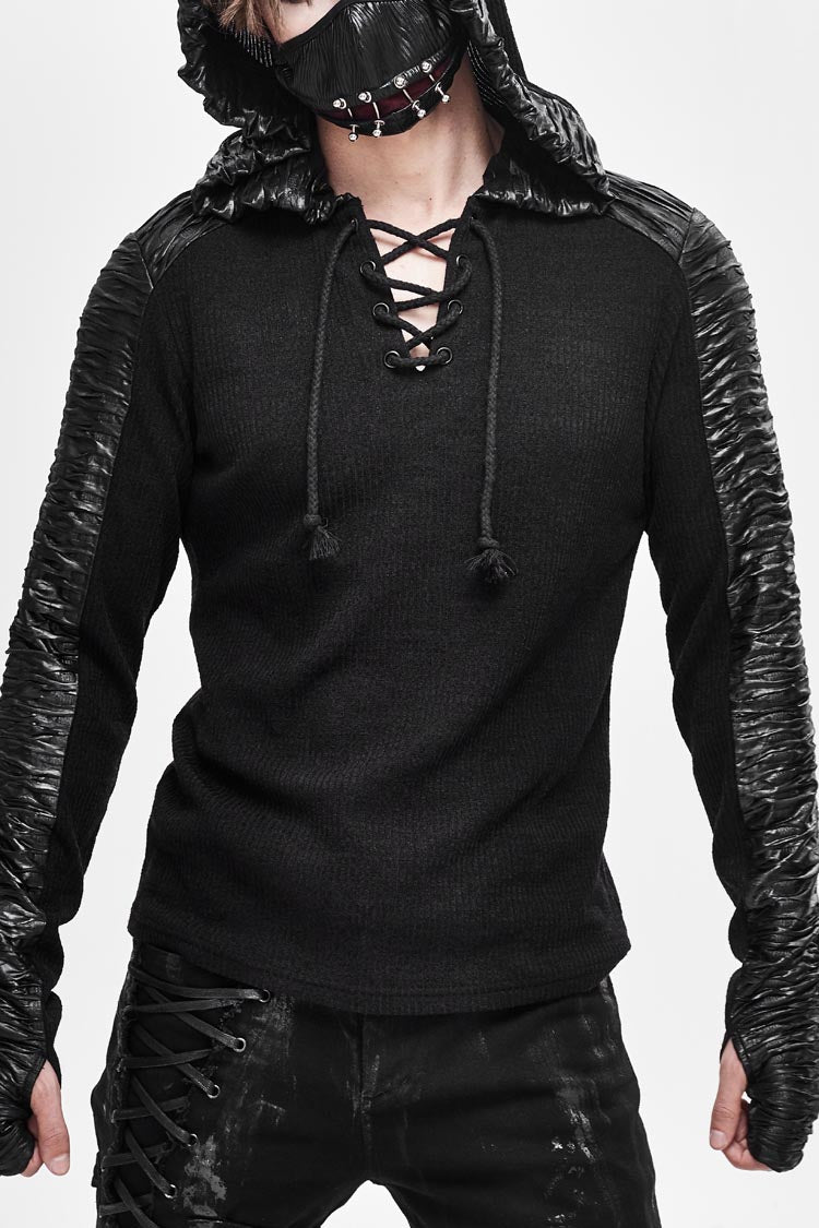 Black Chest Lace Up Vertical Stripes Woolen Splice Bright Crimped Fabric Hooded Punk T-shirt