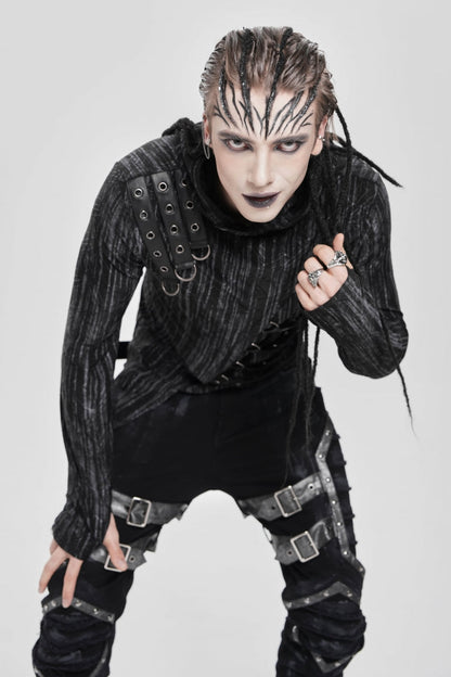 Black Long Sleeves Irregular Hooded Straps Eyelet Punk Blouse
