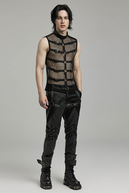 Black Stand Collar Sleeveless Straps Mesh Buckle Punk Vest
