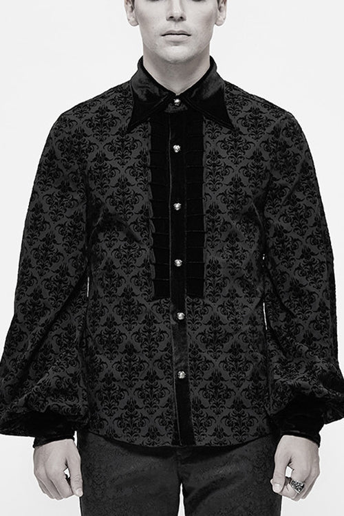 Black Court Pattern Flocking Lantern Sleeves Gothic Blouse