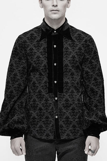 Black Court Pattern Flocking Lantern Sleeves Gothic Blouse
