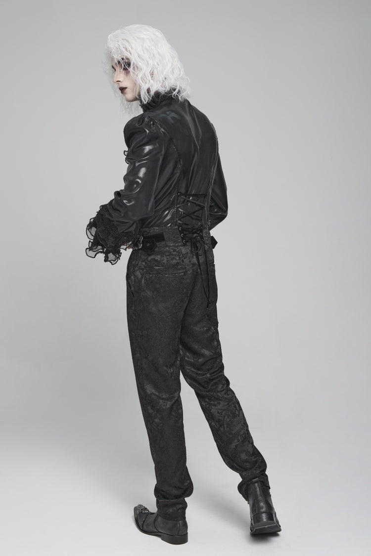 Black Stand Collar Long Puff Sleeves Embroidery Stitching Lace Gothic Blouse