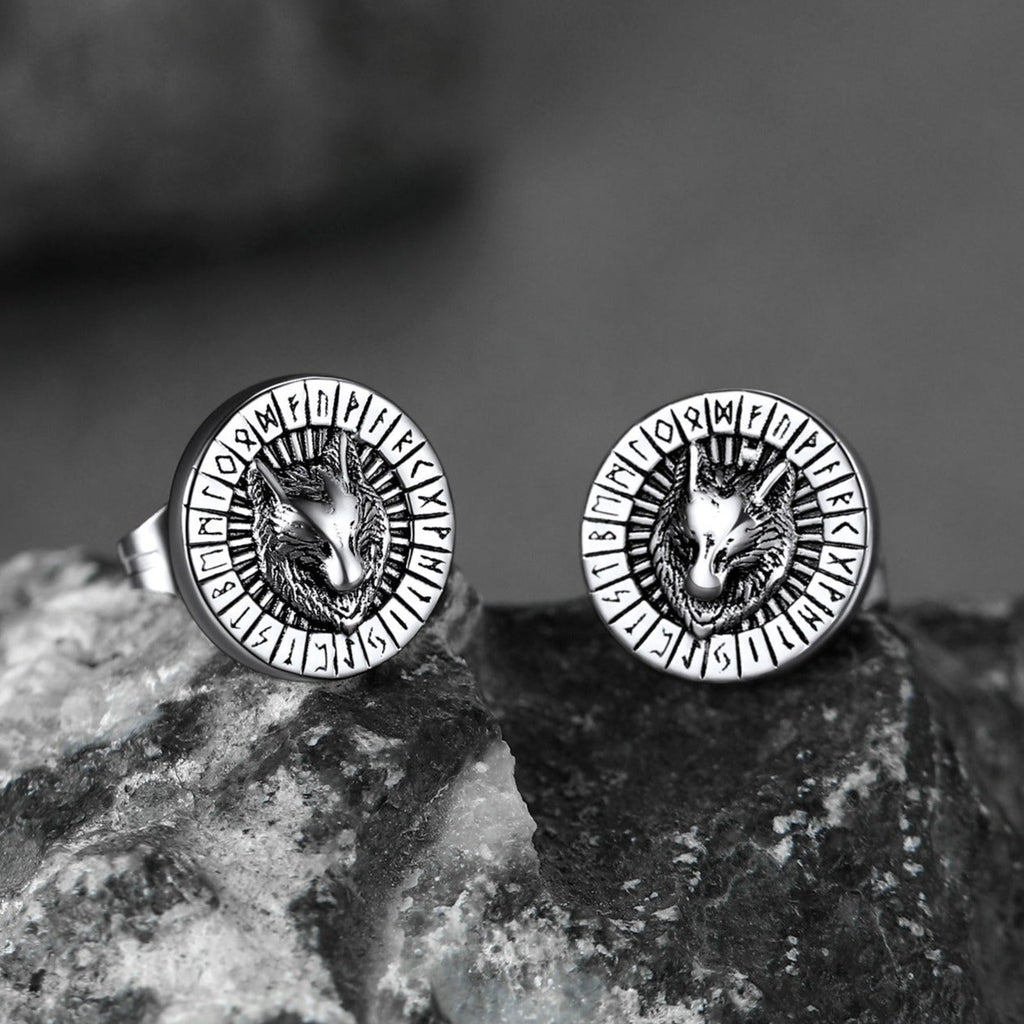 Viking Wolf Head Stud Earrings With Runes for