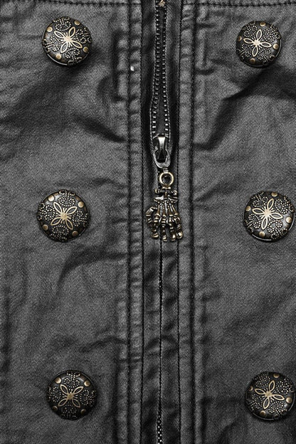 Stand Collar Jacquard Print Stitching Metal Ring Decoration Gothic Vest 2 Colors