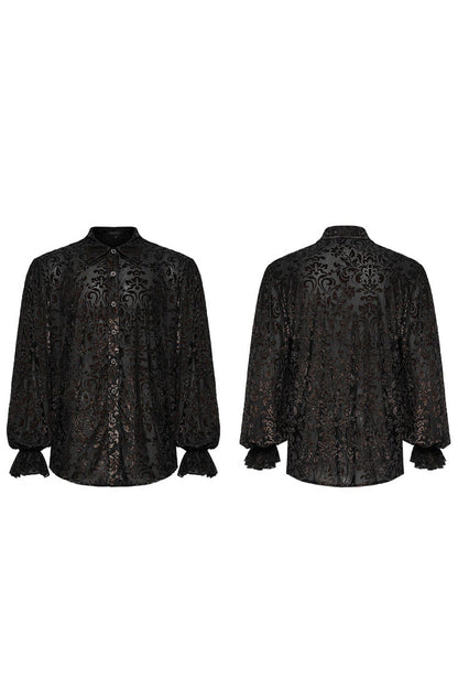 Black Lapel Collar Long Trumpet Sleeves Bronzing Pattern Print Gothic Blouse