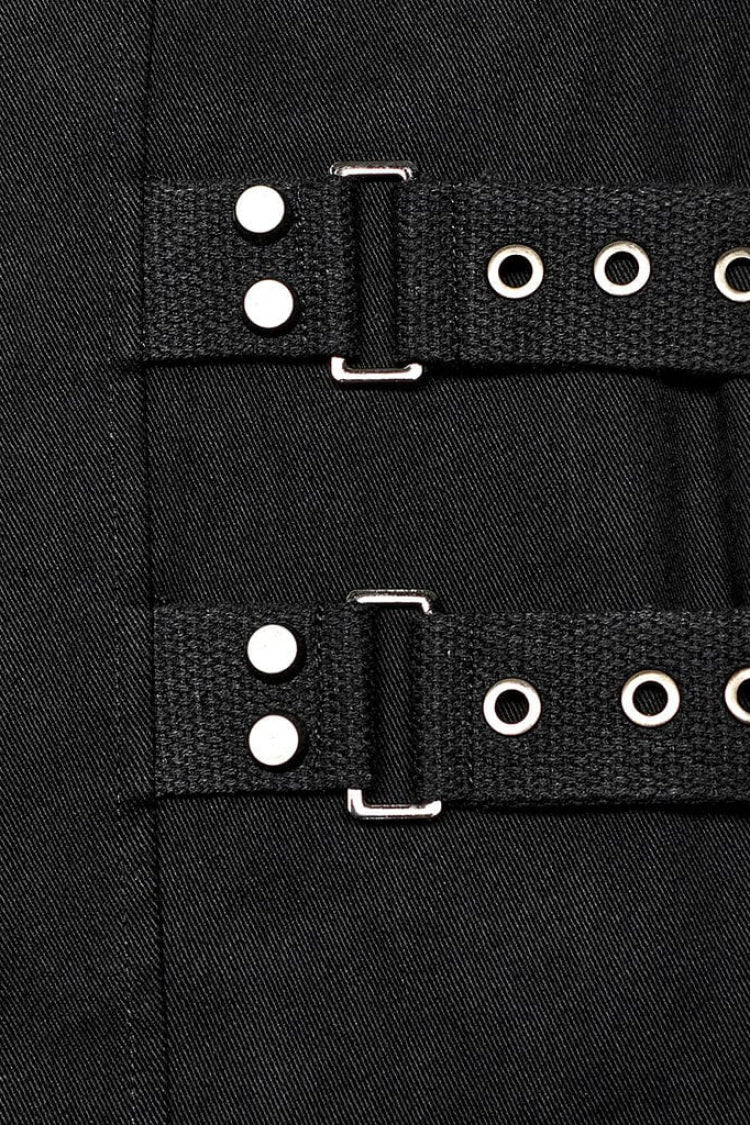 Black Stand Collar Side Waist Webbing Decorative Stitching Steampunk Vest