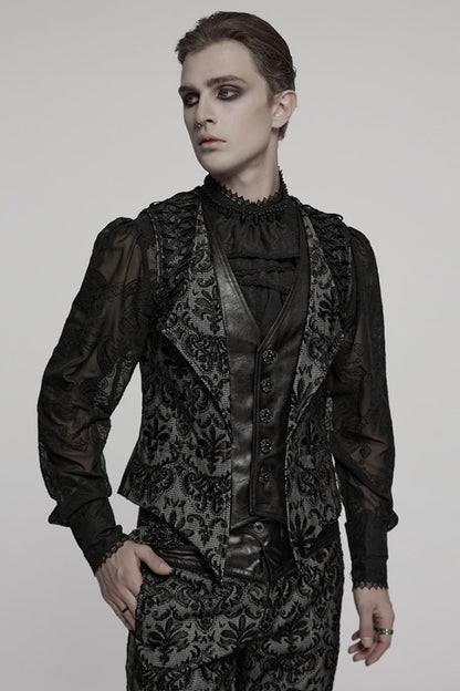 Black V Collar Long Sleeves Embroidery Gothic Vest