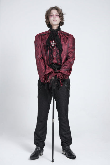 Red Long Puff Sleeves Gothic Blouse With Lace Necktie