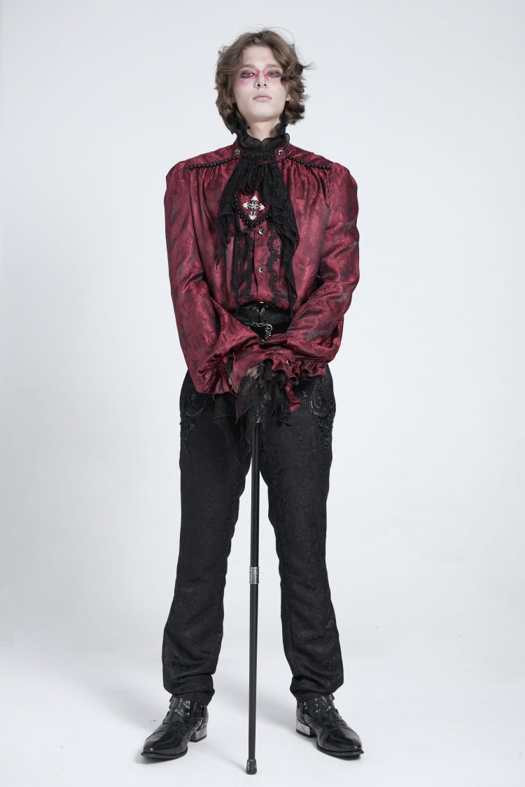 Red Long Puff Sleeves Gothic Blouse With Lace Necktie