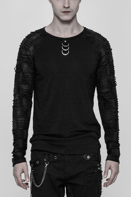 Black Long Sleeves Metal D-buckle Ripped Steampunk T-shirt