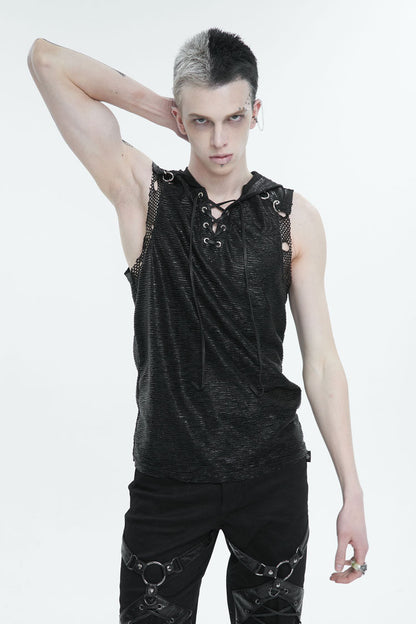 Black Strappy Mesh Splice Punk Vest With Hood
