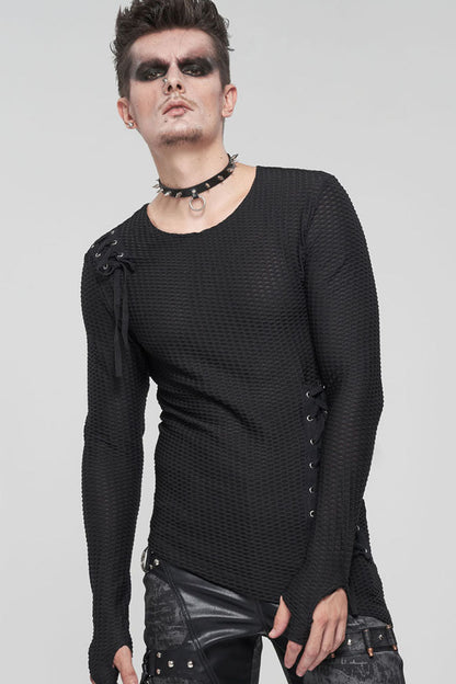 Black Gothic Asymmetry Drawstring Decoration Coarse Net Shirt