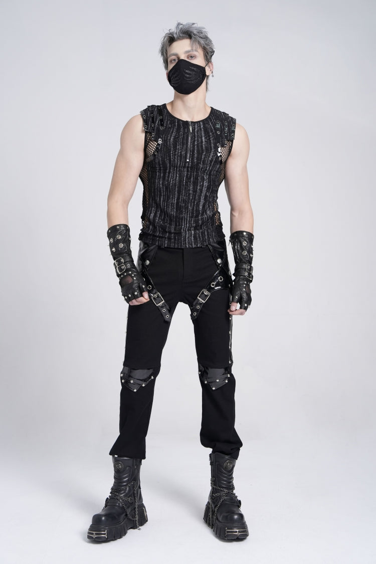 Black Sleeveless Ribbed Print Stitching Mesh Zipper Gothic Vest