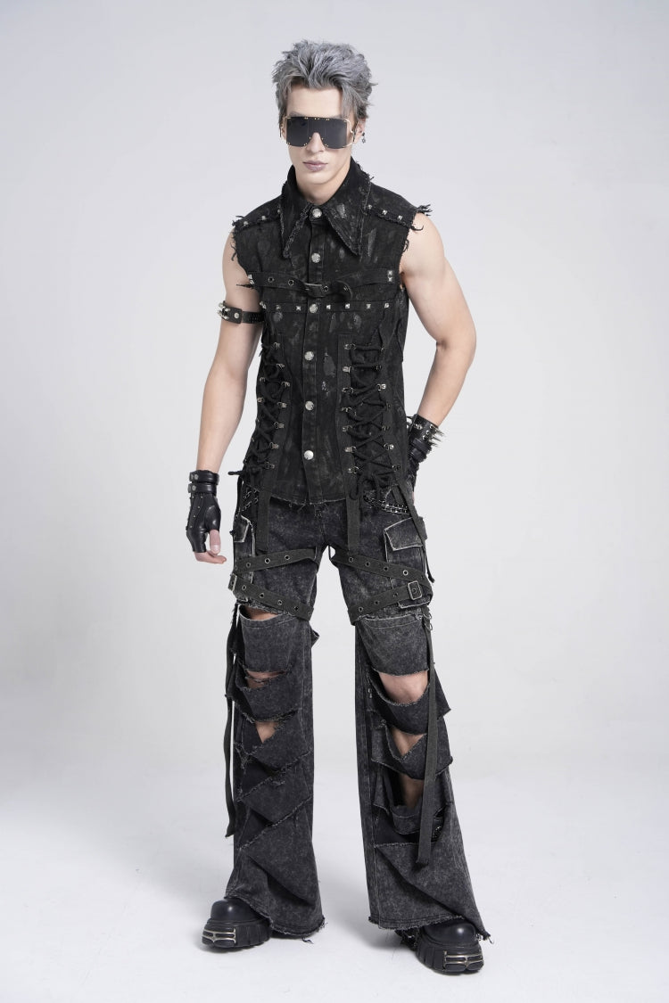 Black Sleeveless Studded Lace-up Gothic Distressed Vest