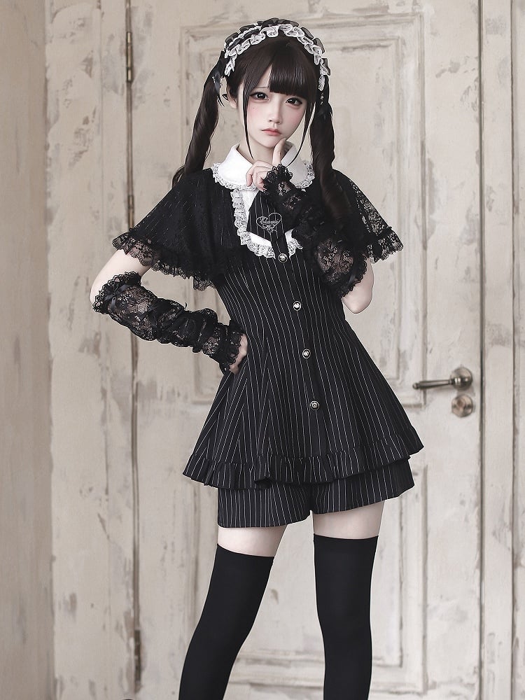 [reservation Deadline: May 15] Black Pinstripe Lace Cape Design Thai Collar Dress Suit Full Set + Accessories