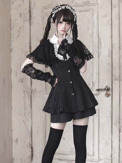 [reservation Deadline: May 15] Black Pinstripe Lace Cape Design Thai Collar Dress Suit Full Set + Accessories