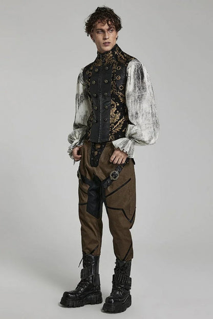 Stand Collar Jacquard Print Stitching Metal Ring Decoration Gothic Vest 2 Colors