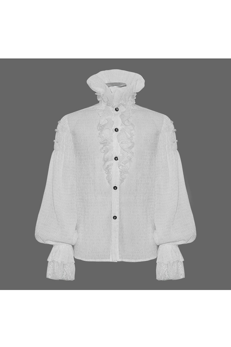 White Ruffle Stand Collar Lantern Sleeves Jacquard Gothic Blouse