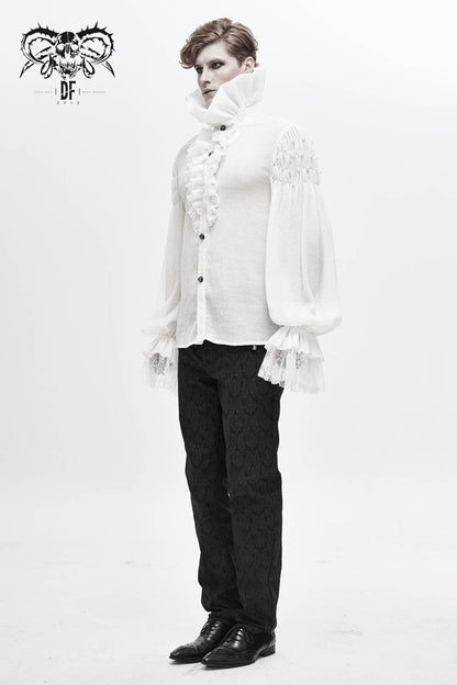 White Ruffle Stand Collar Lantern Sleeves Jacquard Gothic Blouse