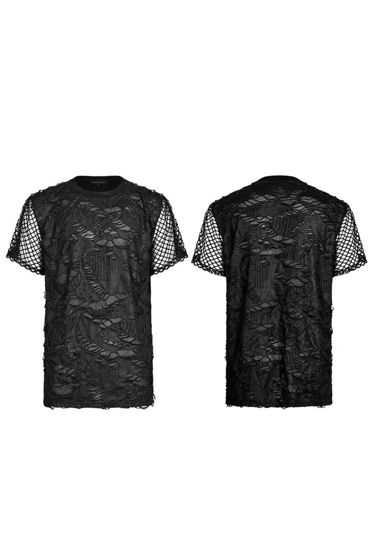 Black Punk Irregular Ripped Mesh Stitching Stretch Loose Knit Short Sleeved T-shirt