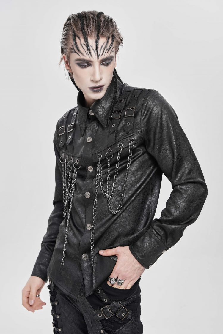 Black Lapel Collar Long Sleeves Buckled Strappy Chain-decorated Punk Shirt