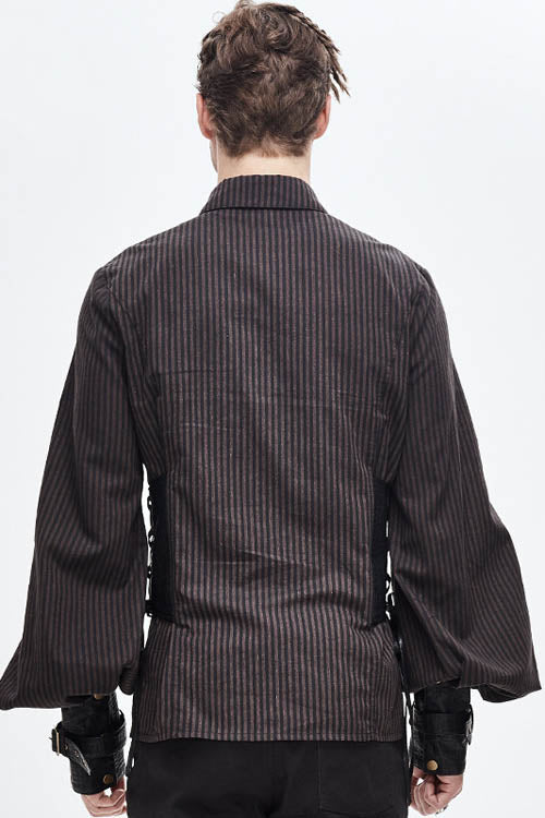 Brown Striped Waist Cuff Leather Punk Blouse