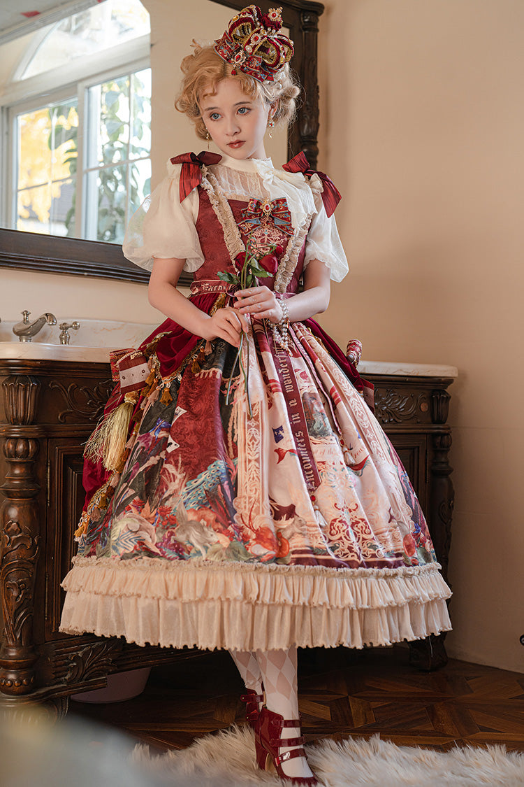 Red [kaleidoscope of Dreams] Sleeveless Double-layered Print Embroidery Bowknot Classic Lolita Jsk Dress