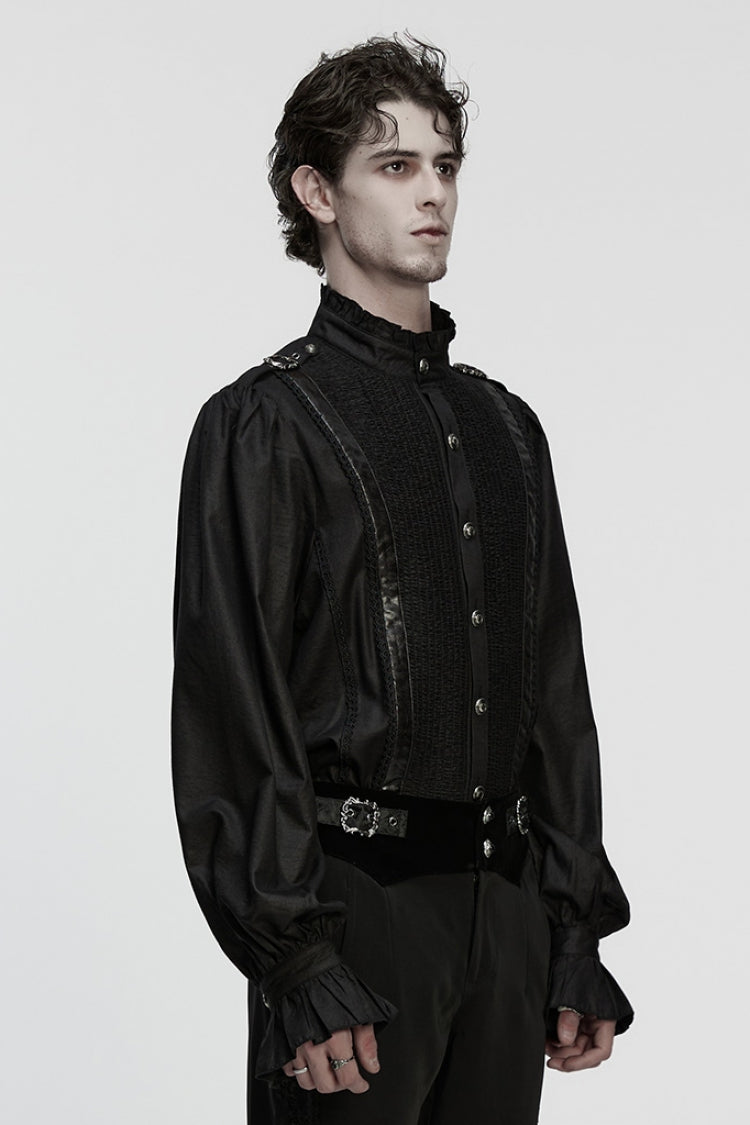 Black Stand Collar Long Puff Sleeves Pu Stitching Pleated Gothic Blouse
