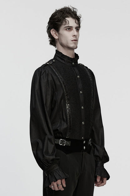 Black Stand Collar Long Puff Sleeves Pu Stitching Pleated Gothic Blouse