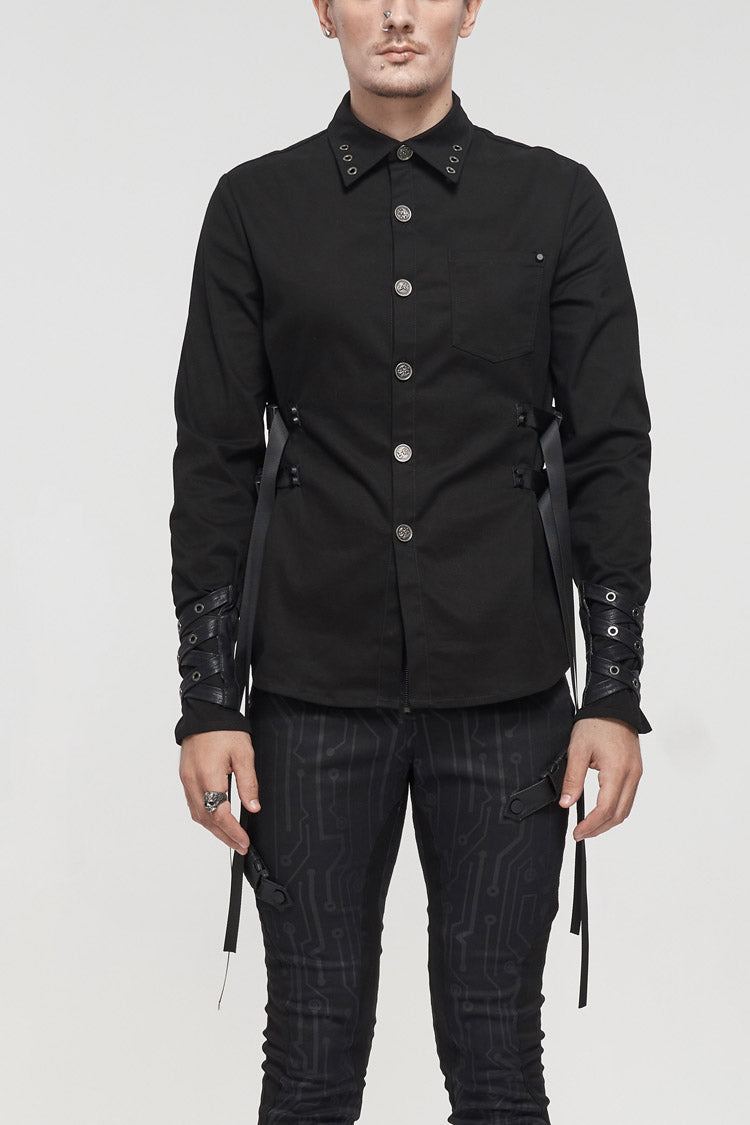 Black Nylon Strap Metal Buckle Decoration Long Sleeve Elasticity Punk Shirt