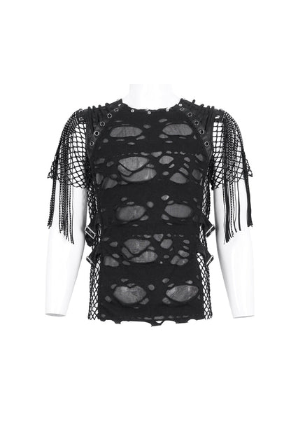 Black Round Collar Mesh Stitching Punk T-shirt