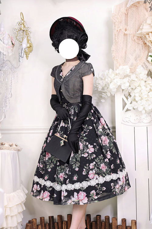 Black French Rose Print V Collar Sleeveless Ruffled Classic Lolita Jsk Dress
