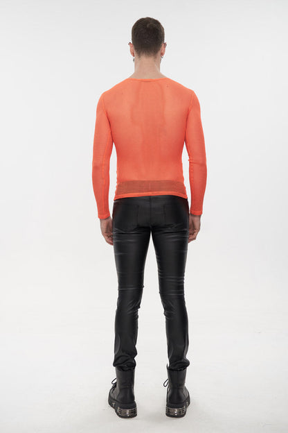 Orange Elasticity High Neck Long Sleeve Mesh Gothic T-shirt