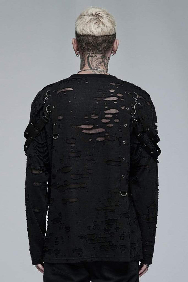 Black Gothic Broken Holes Knitted Fabric Stitching Metal Buckle Detachable Decorative Tape Long Sleeve T-shirt