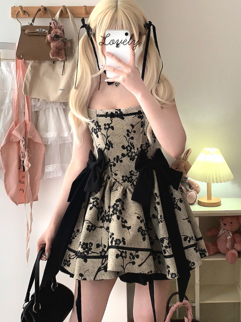 Dark Night Banquet Jacquard Retro Strapless Fishbone Bow Dress
