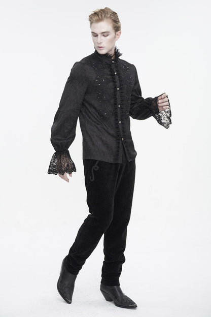 Black Stand Collar Puff Sleeved Lace Splice Gothic Shirt