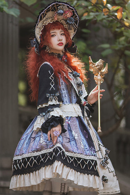 Multi-color Ruffled Sleeve Retro Printed High Waist Classic Lolita Op Dress