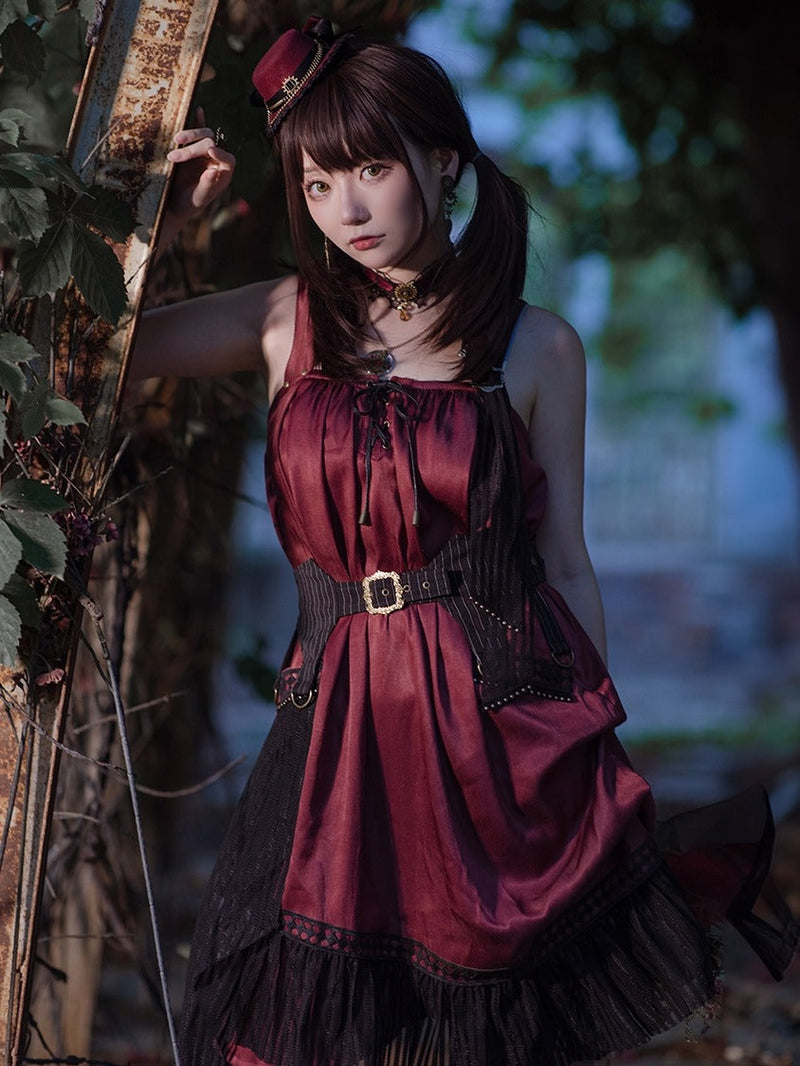 [pre-order] Wine Red Shoulder Strap Light Gothic Doll Asymmetric Dress