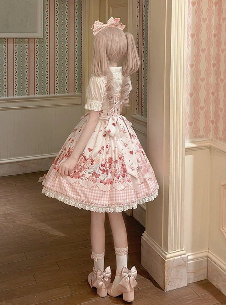[pre-order Deadline: May 5] Pink Cherry Print Lace Ribbon Bunny Ear Apron Jsk Dress + Accessories