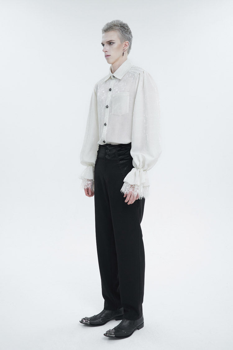 White Lapel Collar Puff Sleeved Lace Hem Gothic Shirt