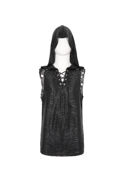Black Strappy Mesh Splice Punk Vest With Hood