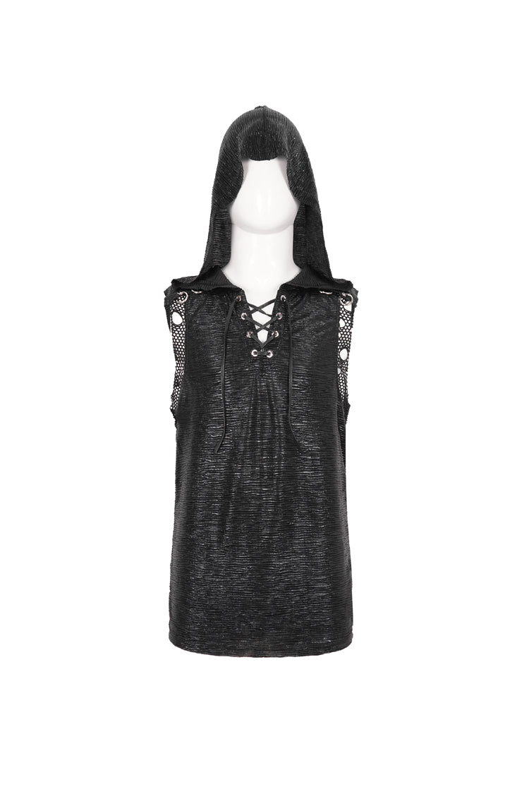 Black Strappy Mesh Splice Punk Vest With Hood