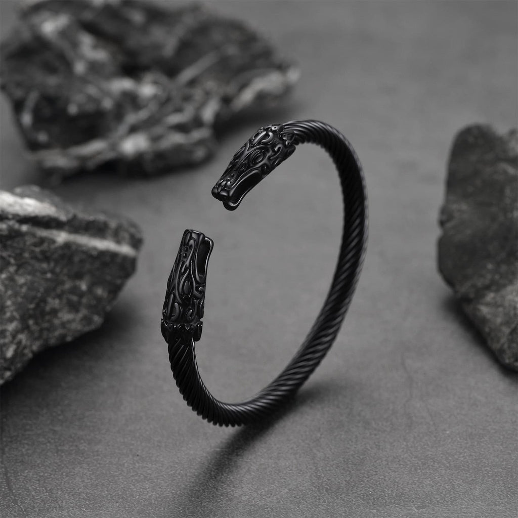 Viking Bracelet Norse Wolf Heads Cuff Bangle for