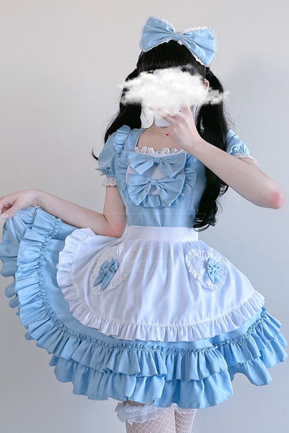 Double Ribbon Ruffle Lolita Maid Dress Set