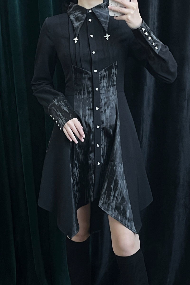 High Collar Blocking Asymmetrical Dress